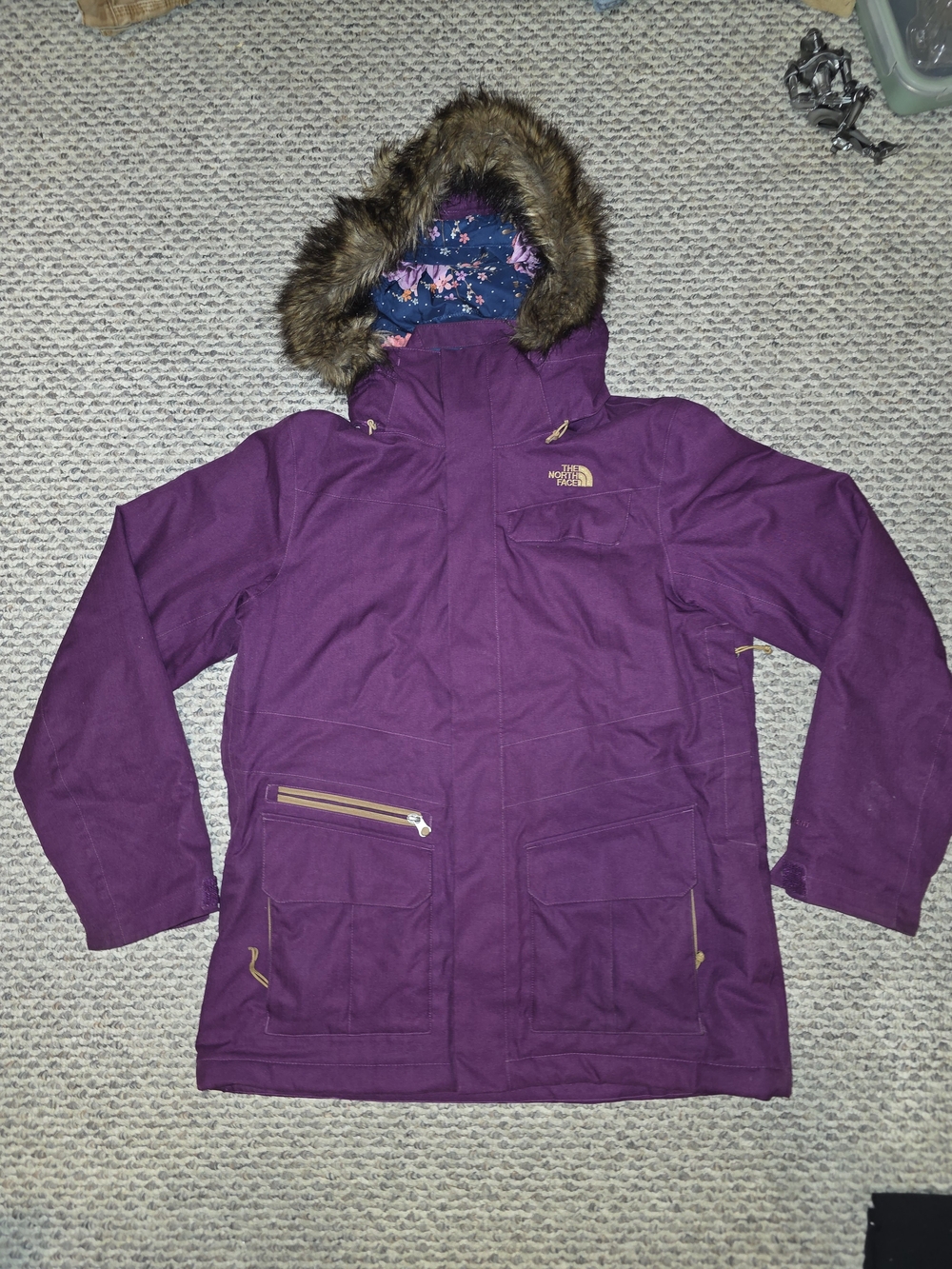 The North Face Womens Purple Hooded Puffer Coat with Faux Fur Trim